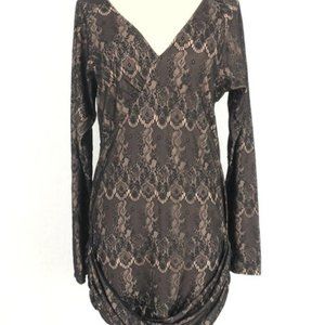 BCBG MaxAzria Women's Size Small Black Tan Lace Long Sleeve Mini Dress